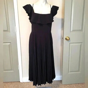 H by Halston Pleated Flutter Sleeves  Straps Black Midi Dress(10)